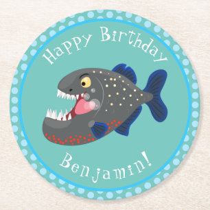 Hungry funny piranha cartoon illustration round paper coaster