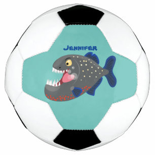 Hungry funny piranha cartoon illustration soccer ball