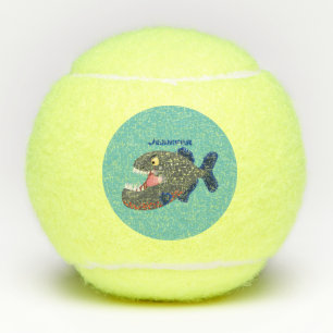 Hungry funny piranha cartoon illustration tennis balls