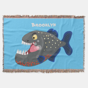 Hungry funny piranha cartoon illustration throw blanket