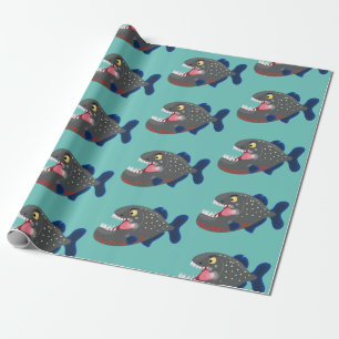 Hungry funny piranha cartoon illustration wrapping paper