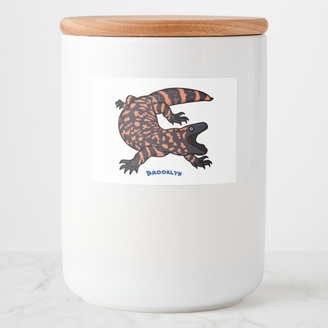 Hungry gila monster lizard cartoon illustration food label (Front)