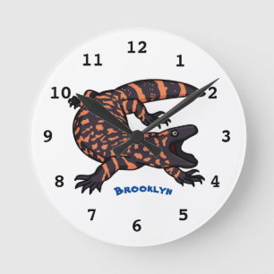 Hungry gila monster lizard cartoon illustration round clock
