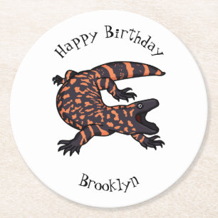 Hungry gila monster lizard cartoon illustration round paper coaster