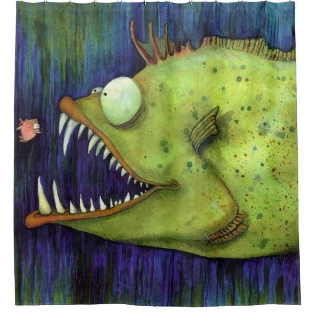 "Hungry Ned" Fish Watercolor by Mike Quinn Shower Curtain (Front)