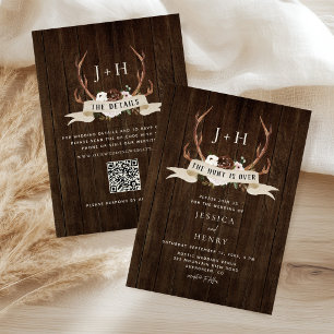 Hunt is Over Antlers Rustic Wood QR Code Wedding  Invitation