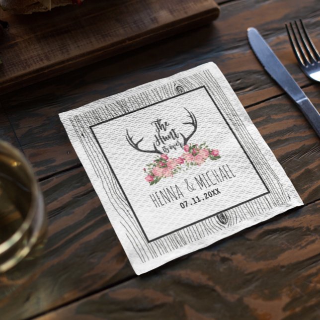 Hunt is Over Rustic Antler Barnwood Floral Wedding Napkin (Creator Uploaded)