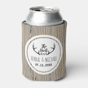 "Hunt is Over" Rustic Antler Barnwood Wedding Can Cooler
