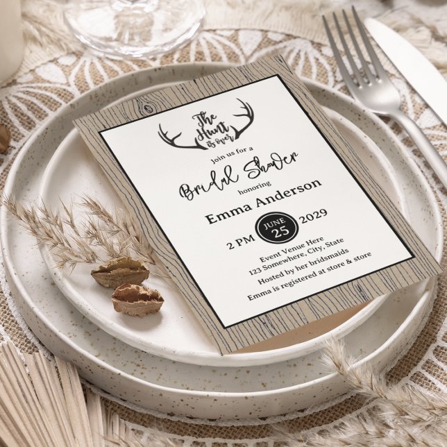 "Hunt is Over" Rustic Antler Barnwood Wedding Invitation (Creator Uploaded)