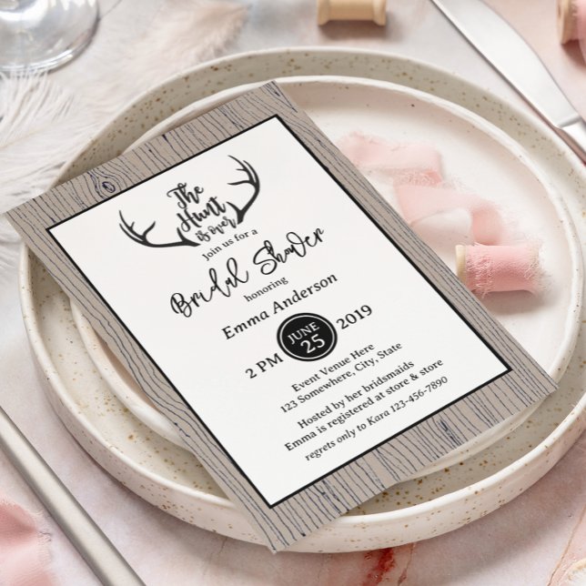 "Hunt is Over" Rustic Antler Barnwood Wedding Invitation (Creator Uploaded)