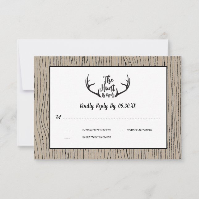 "Hunt is Over" Rustic Antler Barnwood Wedding RSVP Invitation (Front)
