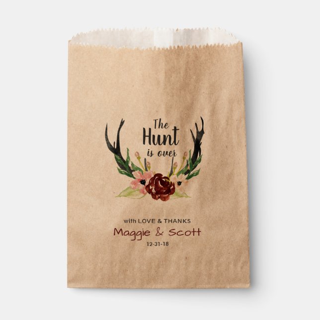 Hunt is Over Rustic Antler Burgundy Floral Wedding Favour Bags (Front)
