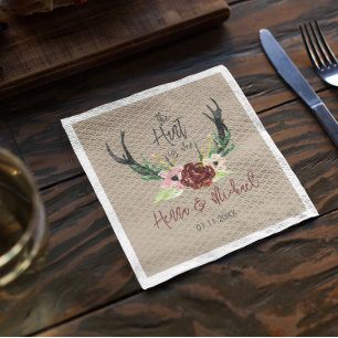 Hunt is Over Rustic Antler Burgundy Floral Wedding Napkin
