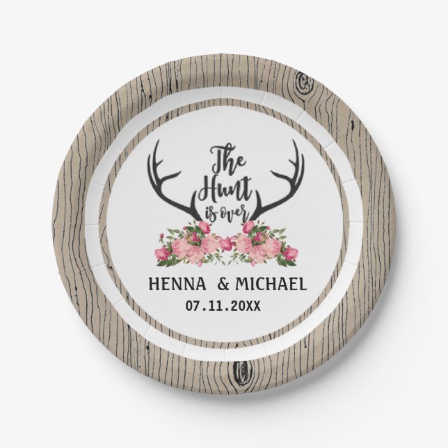 Hunt is Over Rustic Antler Floral Barnwood Wedding Paper Plate (Front)