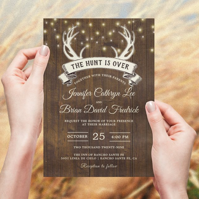 "Hunt is Over" Rustic Antler Strings Light Wedding Invitation (Creator Uploaded)