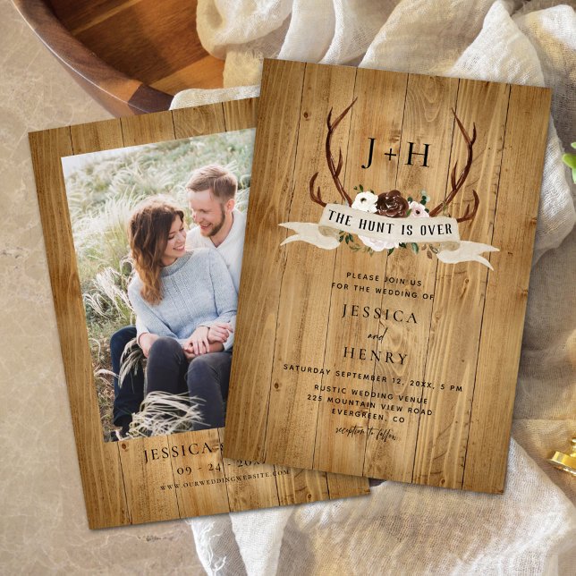 Hunt is Over Rustic Antlers Wedding Photo Invitation (Creator Uploaded)