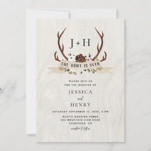 Hunt is Over Rustic Antlers Wedding QR Code Invitation