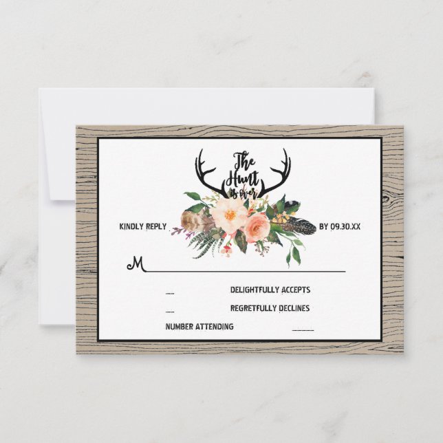 Hunt is Over Rustic Boho Floral Wedding RSVP (Front)