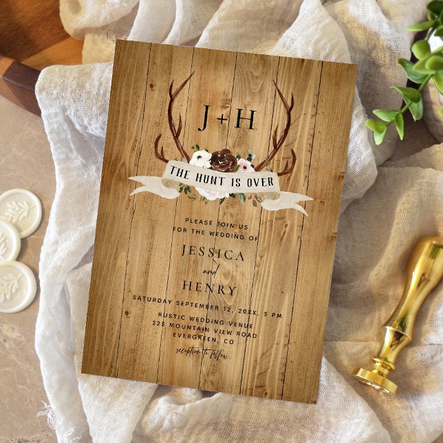 Hunt is Over Rustic Wood Antlers Wedding Invitation (Creator Uploaded)