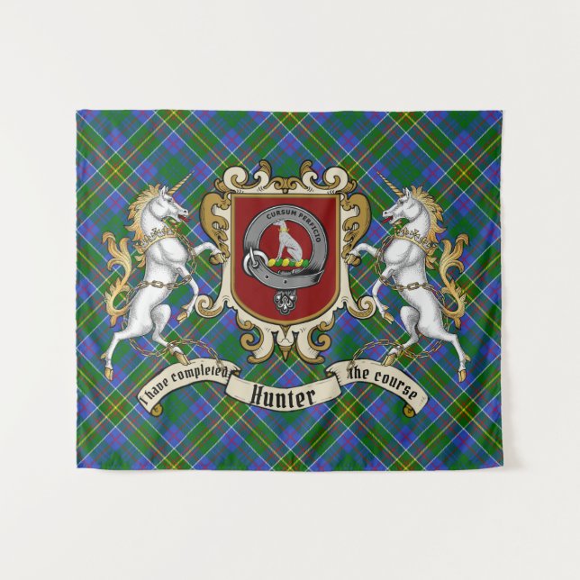 Hunter Clan Badge & Unicorns w/Tartan  Tapestry (Front (Horizontal))