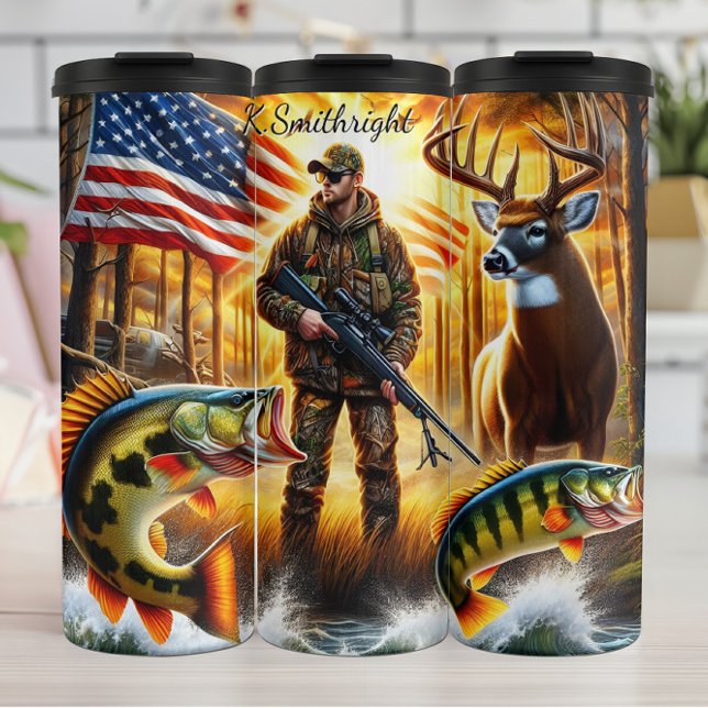 Hunter Fish Deer American Flag Thermal Tumbler (Creator Uploaded)