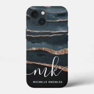 Hunter Granite Marble Gold Texture Custom Initials iPhone 13 Mini Case
