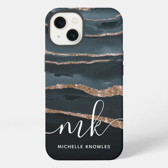 Hunter Granite Marble Gold Texture Custom Initials iPhone Case (Back)