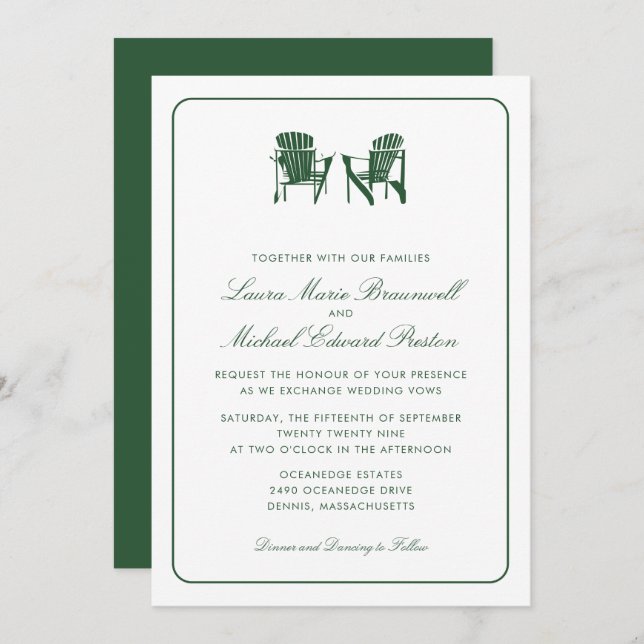 Hunter Green Adirondack Chairs Wedding Invitation (Front/Back)