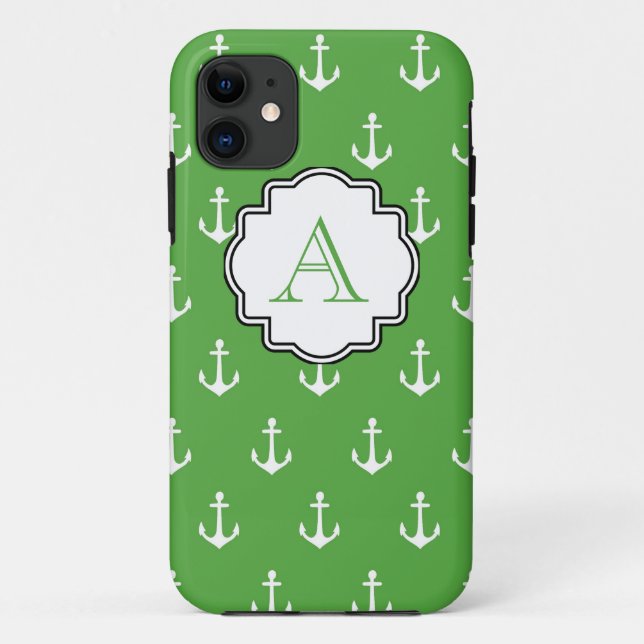 Hunter Green Anchor Print Monogram Case-Mate iPhone Case (Back)