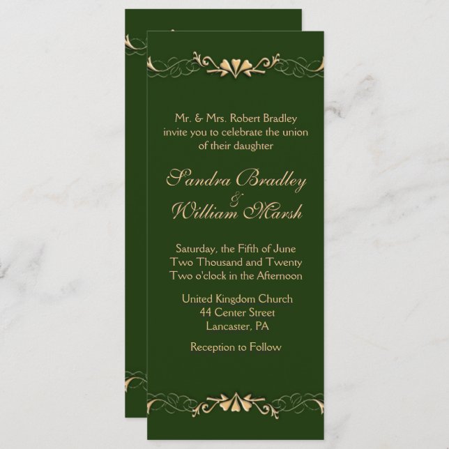 Hunter Green and Gold Wedding Invitation (Front/Back)