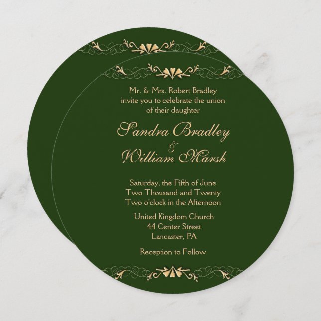 Hunter Green and Gold Wedding Invitation (Front/Back)