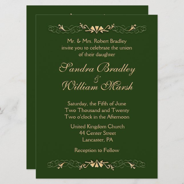 Hunter Green and Gold Wedding Invitation (Front/Back)