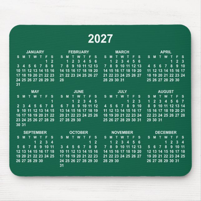 Hunter Green and White 2027 Calendar Mouse Pad (Front)