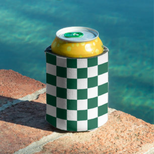 Hunter Green and White Checkered Can Cooler
