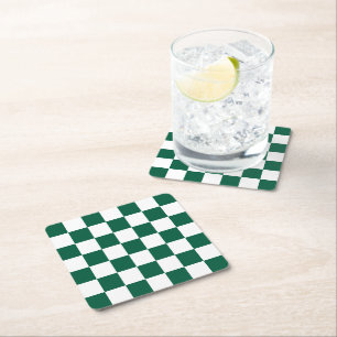 Hunter Green and White Checkered Square Paper Coaster