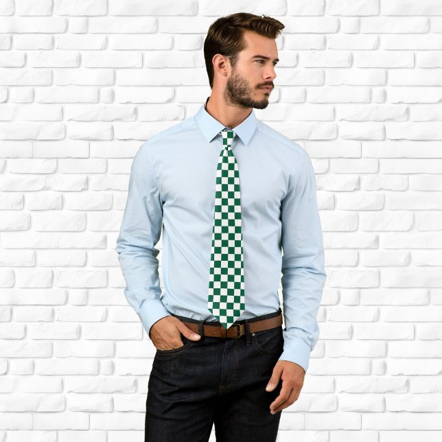 Hunter Green and White Chequered Tie (Hunter Green and White Checkered Neck Tie)