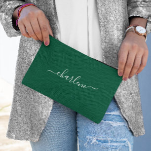 Hunter Green and White Elegant Name Accessory Pouch
