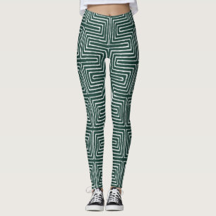 Hunter Green and White Maze African Mud Cloth Leggings