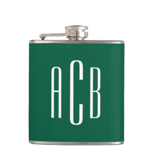 Hunter Green and White Three Letter Monogram Hip Flask