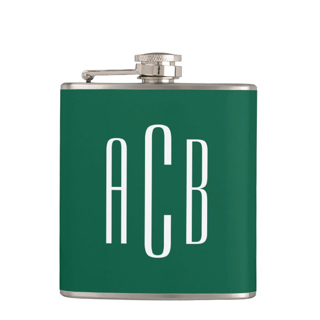 Hunter Green and White Three Letter Monogram Hip Flask (Front)