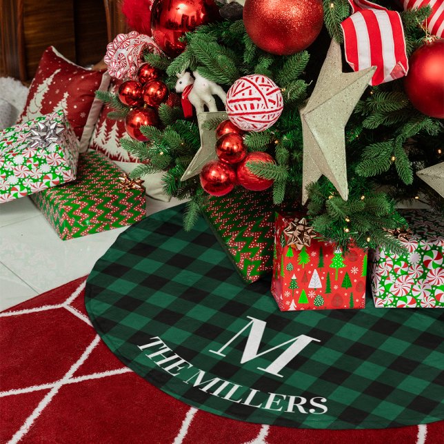 Hunter Green Black Buffalo Check Family Monogram Brushed Polyester Tree Skirt (Hunter Green and Black Buffalo Plaid Gingham Check Family Monogram Christmas Tree Skirt)