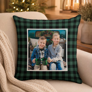 Hunter Green Black Buffalo Plaid Photo Christmas Cushion