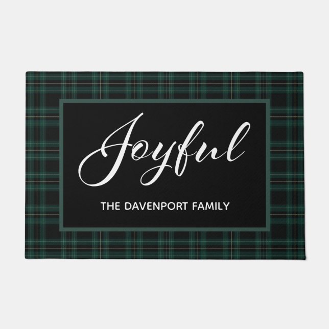 Hunter Green & Black Plaid Joyful Holiday Doormat (Front)