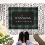 Hunter Green & Black Plaid Personalised Welcome Doormat<br><div class="desc">Add a farmhouse style touch to your entryway with this rustic buffalo plaid patterned doormat in classic hunter green and black. "Welcome" appears in the centre in casual handwritten script lettering; personalise with your family name beneath.</div>