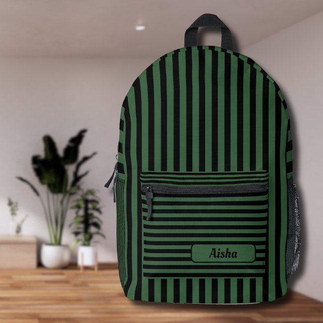 Hunter Green Black Vintage Striped Name Printed Backpack (Creator Uploaded)