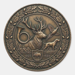 Hunter Green & Bronze Hunting Lodge Emblem Fabric Classic Round Sticker