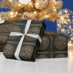 Hunter Green & Bronze Hunting Lodge Emblem Fabric Wrapping Paper