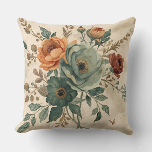 Hunter Green Burnt Orange Sage Farmhouse Floral Cushion
