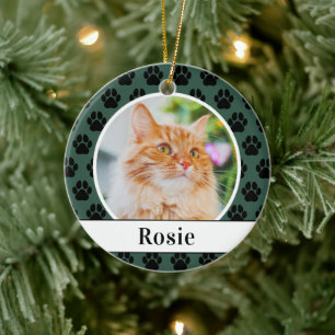 Hunter Green Cat Photo Script Name Paw Print Ceramic Tree Decoration