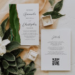 Hunter Green Gold Agate QR Code Wedding Invitation<br><div class="desc">The left-hand edge of this elegant modern wedding invitation features a hunter green watercolor agate border trimmed with faux gold glitter. The customisable text combines charcoal grey script and sans serif fonts on a white background. The reverse side provides space for wedding details, along with a QR code guests can...</div>